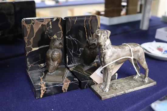 An Elkington & Co plated model of a Great Dane, and a pair of Art Deco bronze and marble owl bookends, height 12cm (3)